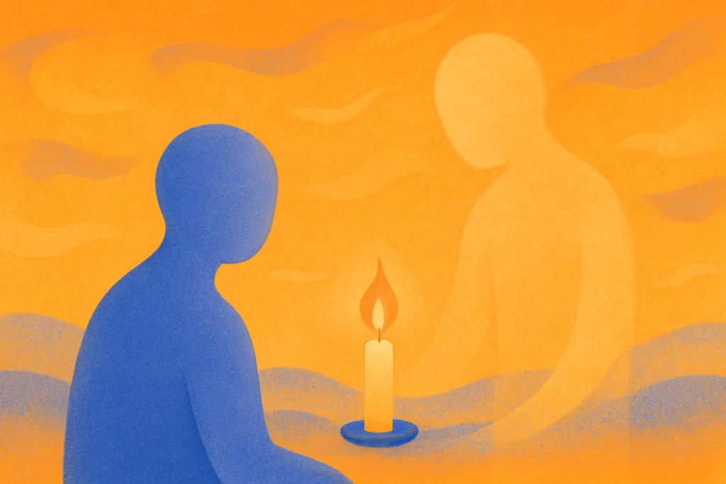 a blue and yellow silhouettes of people sitting next to a candle