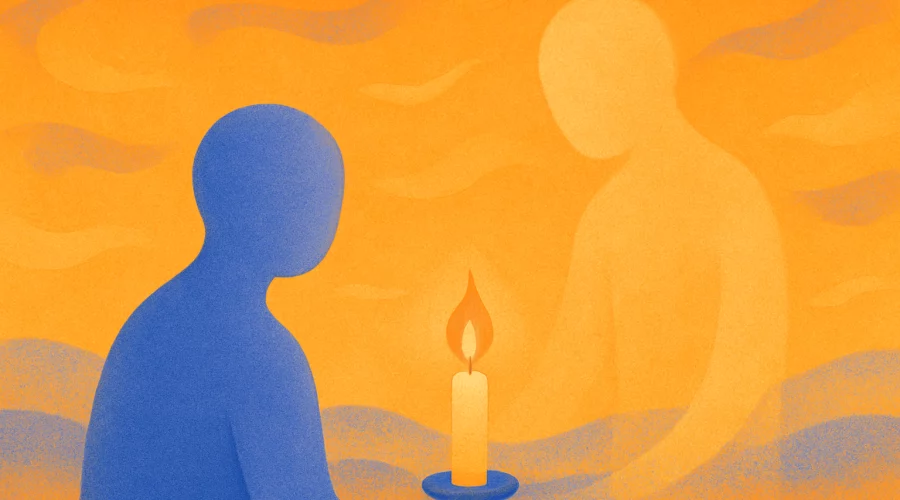 a blue and yellow silhouettes of people sitting next to a candle