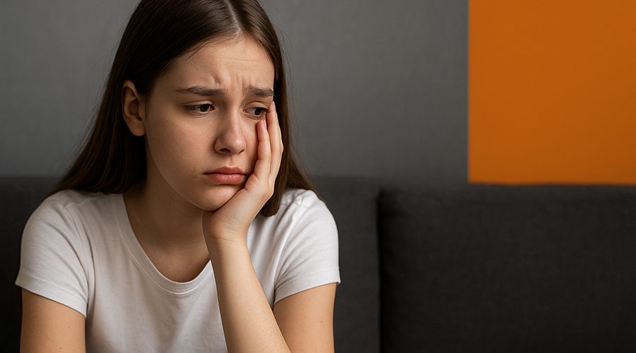 Jeune fille adolescente, troubles anxieux, assise dans un cabinet gris et orange